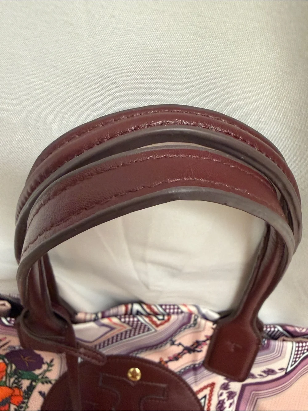 Tory Burch Pink Floral Logo Tote with Brown Leather Trim